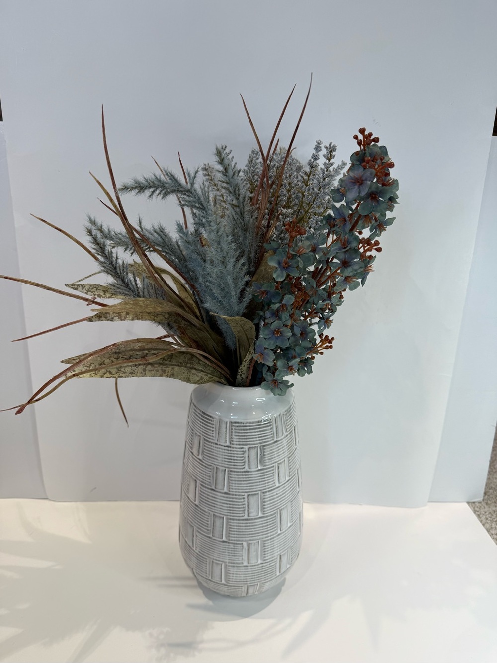 Gray & White Basketweave Ceramic Vase | Blue & Wildflower Arrangement